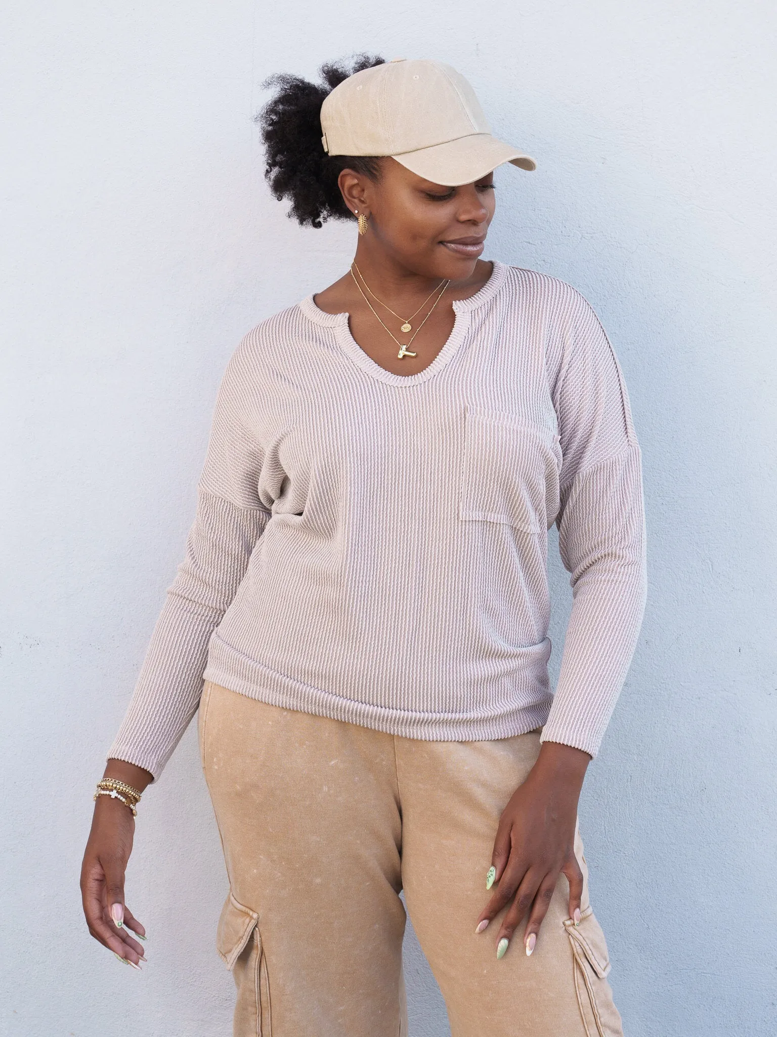 Arwen Two Tone Rib Pocket Top - Oatmeal