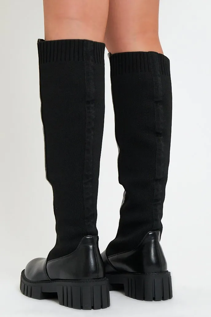 Black PU Faux Leather Knee High Boots - Azel