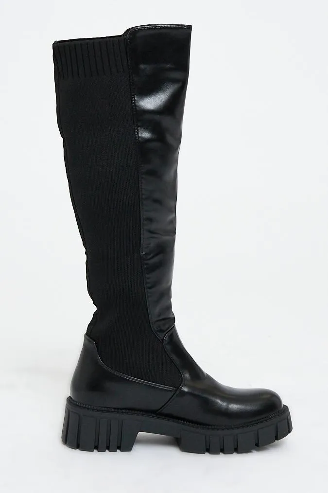 Black PU Faux Leather Knee High Boots - Azel