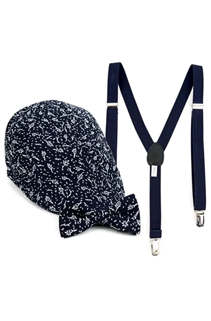 Boy's Navy Clip-on Bow Tie Suspender Floral Pattern,Matching Ivy Hat Set (4-7 Years