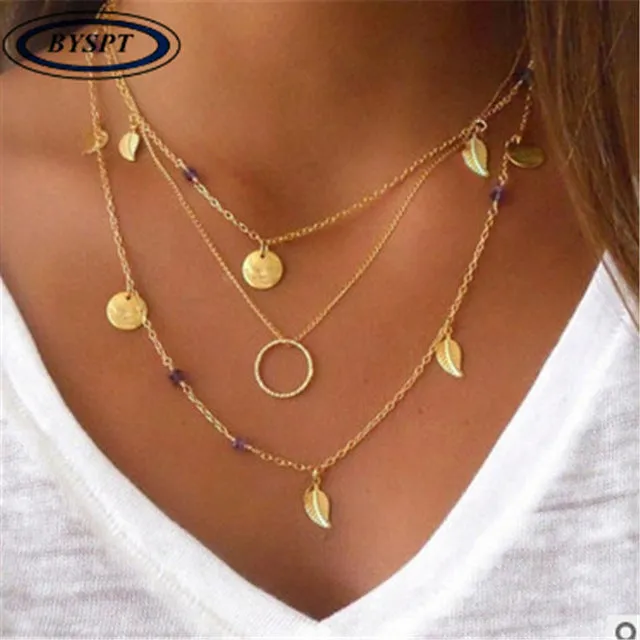 BYSPT Ethnic Coins Necklace Women Leaves Triangle Bar Round Chokers Statement Necklace multilayer Vintage Jewelry