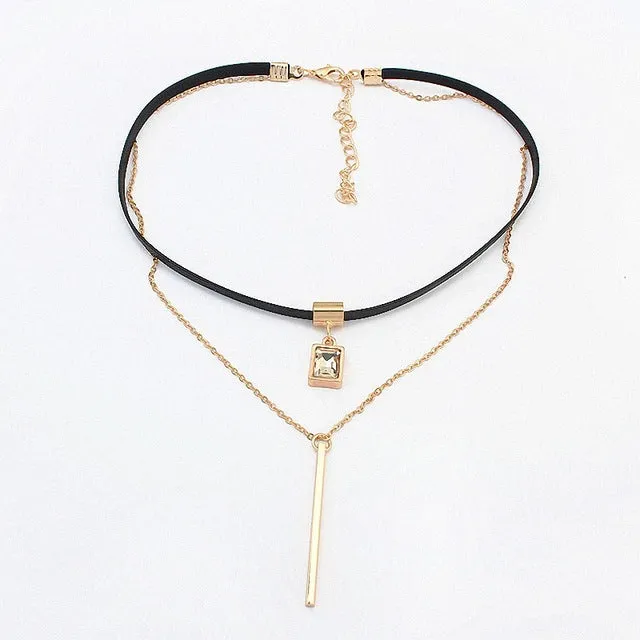 DAN'S New Fashion Retro Geometric&Crystal Pendant Collar Double chains leather simple choker necklace gift for women girl 122906