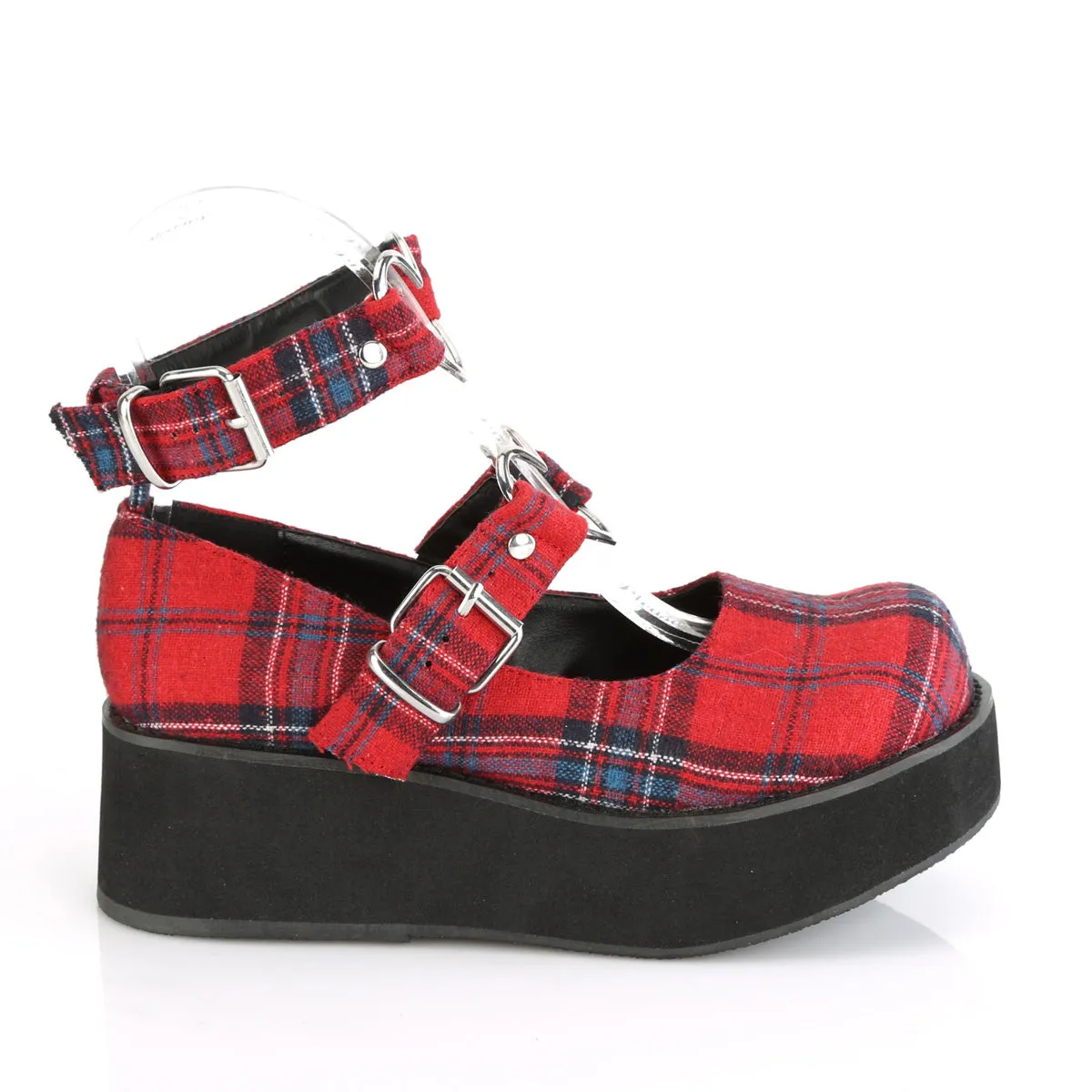 Demonia SPRITE-02 | Red Plaid Fabric Mary Janes