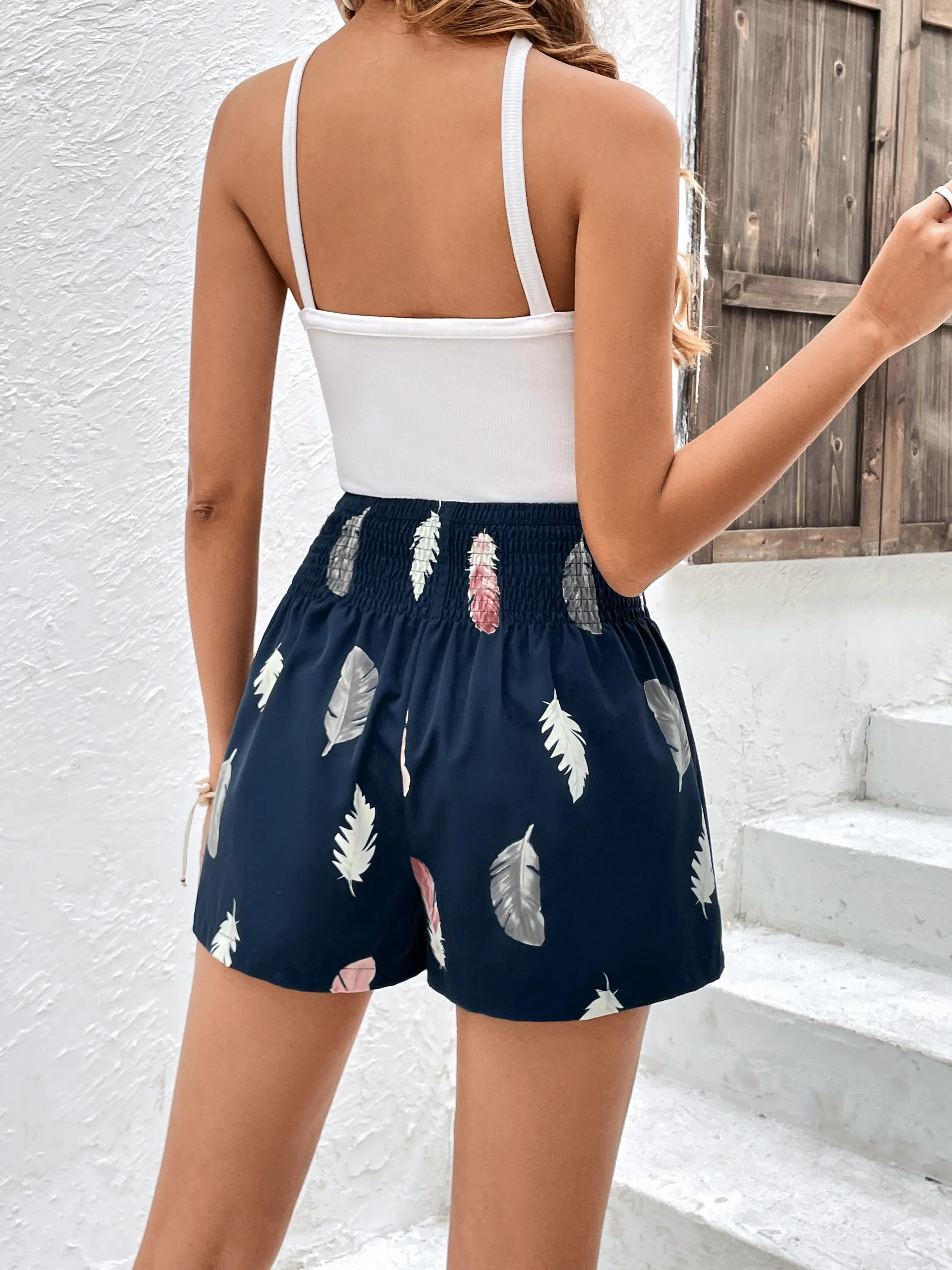 Feather Print Smocked Waist Shorts Chic Casual SpringSummer Style