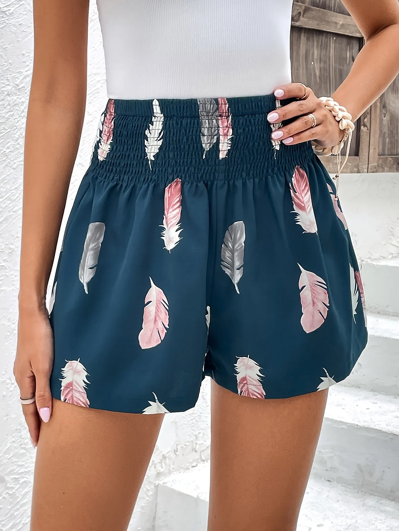 Feather Print Smocked Waist Shorts Chic Casual SpringSummer Style