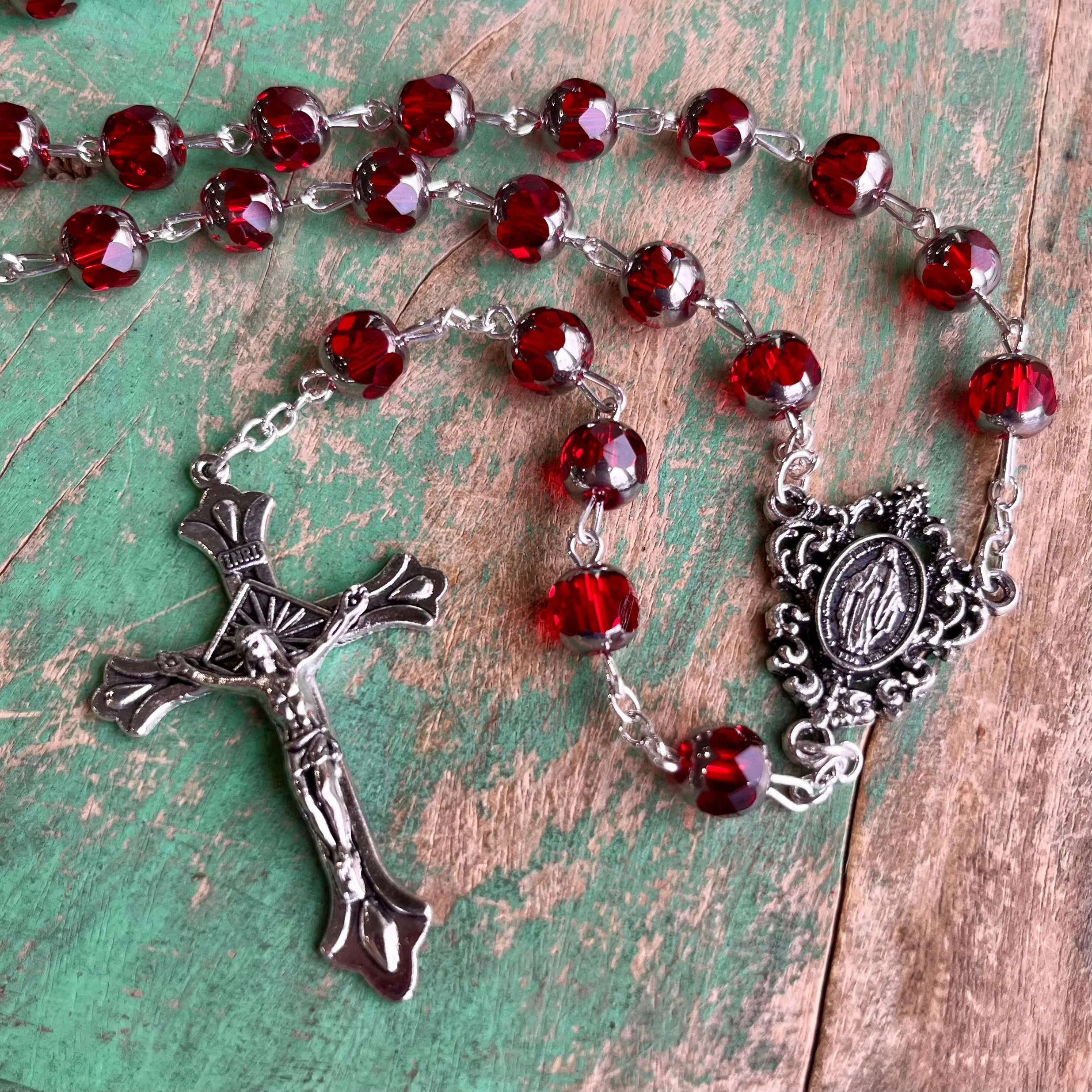 Graceful Ruby Red Glass Rosary