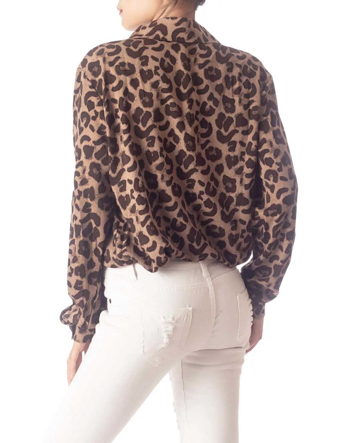 iB-iP Women's Leopard Patterned Opaque Casual Button Long Sleeve Shirt