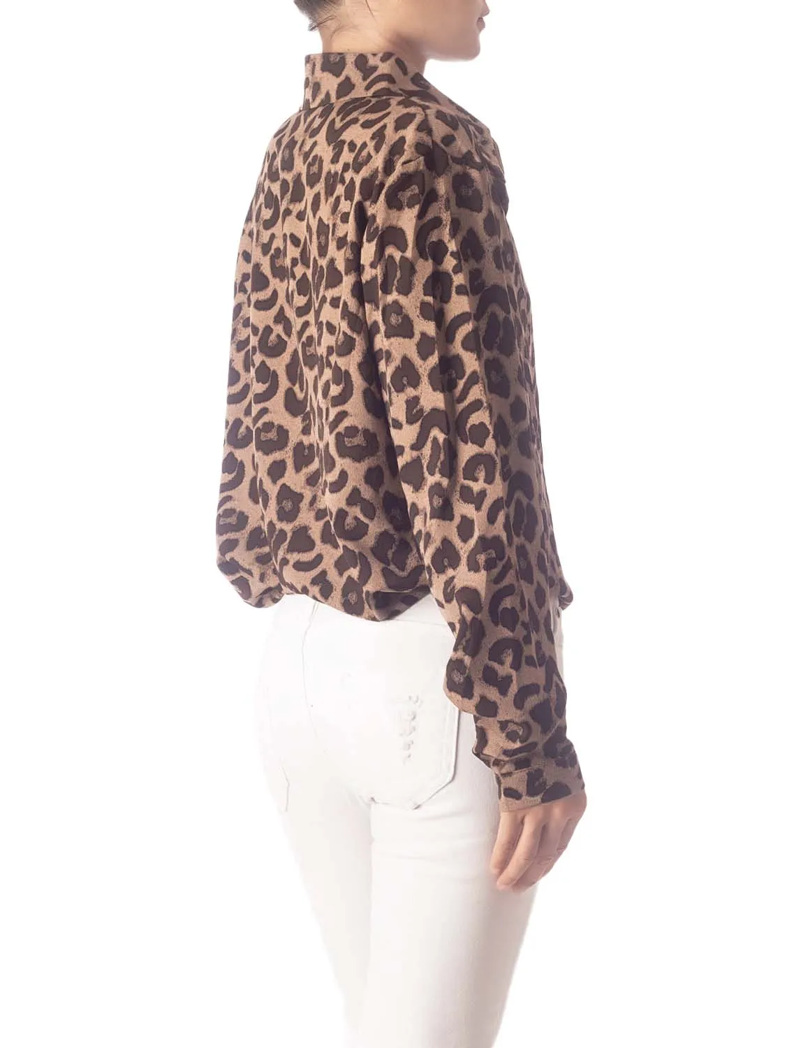 iB-iP Women's Leopard Patterned Opaque Casual Button Long Sleeve Shirt