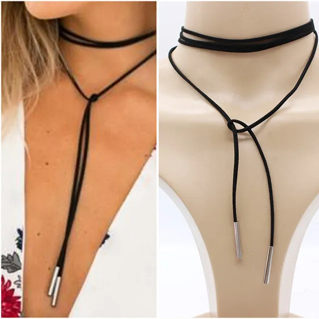 Luxury Ethnic Choker Necklace Gothic Charm Long rope collar Black Leather velvet strip statement layer chocker Jewelry for women