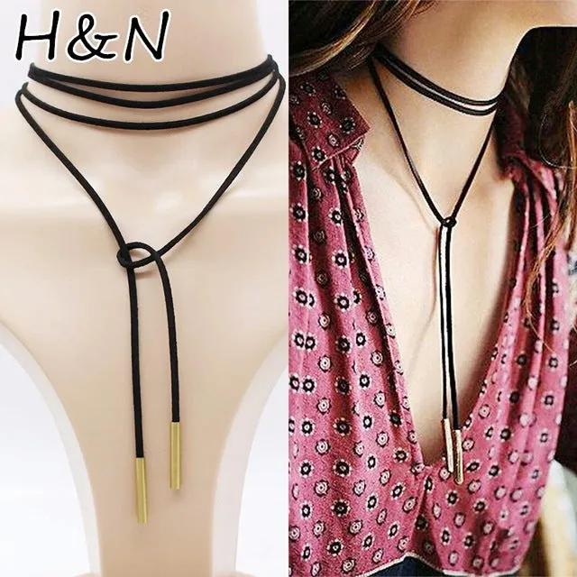 Luxury Ethnic Choker Necklace Gothic Charm Long rope collar Black Leather velvet strip statement layer chocker Jewelry for women