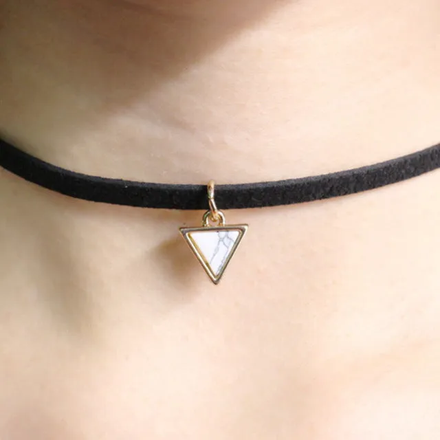 Luxury Ethnic Natural Stone Opal Choker Necklace triangle Black leather Gothic Retro Statement necklace Tattoo jewelry for women