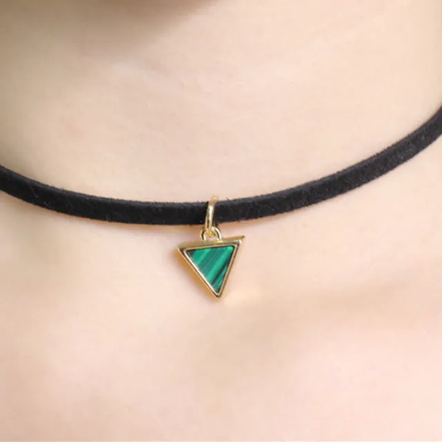 Luxury Ethnic Natural Stone Opal Choker Necklace triangle Black leather Gothic Retro Statement necklace Tattoo jewelry for women