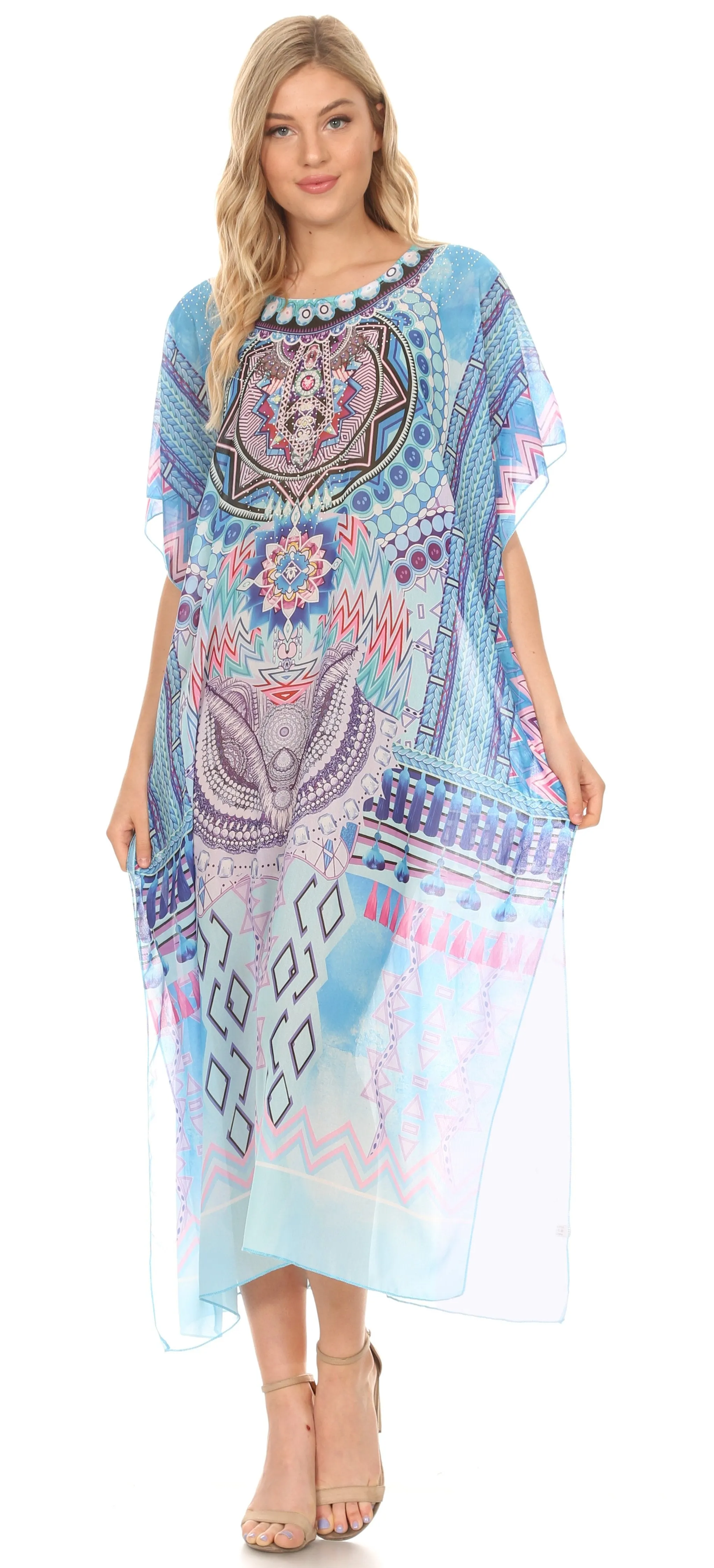 MKY Astryd Women's Flowy Maxi Long Caftan Dress Cover Up with Rhinestone