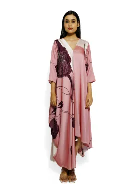 Peach Floral Printed Cotton Satin Silk Cowl Dress