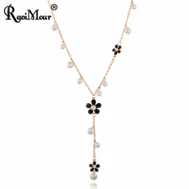 RAVIMOUR Flower Long Necklace for Women Fashion Simulated Pearl Jewelry Tassel Perlas Necklaces & Pendants Bijoux Femme Perle