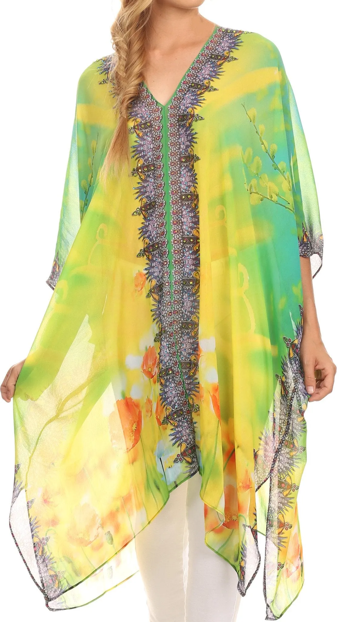 Sakkas Livi Scoop V Neck Wide Mid Length Caftan Dress / Cover Up