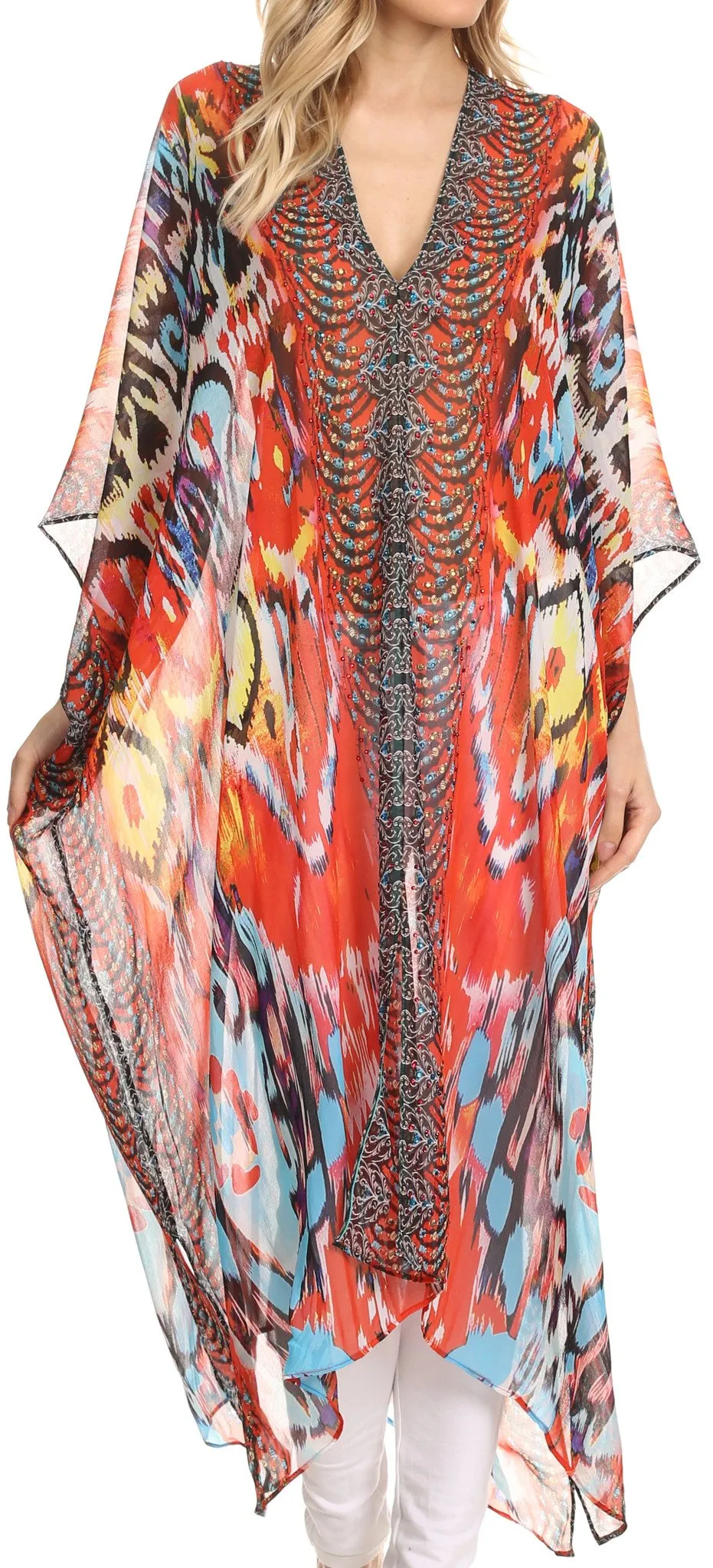 Sakkas Livi Scoop V Neck Wide Mid Length Caftan Dress / Cover Up