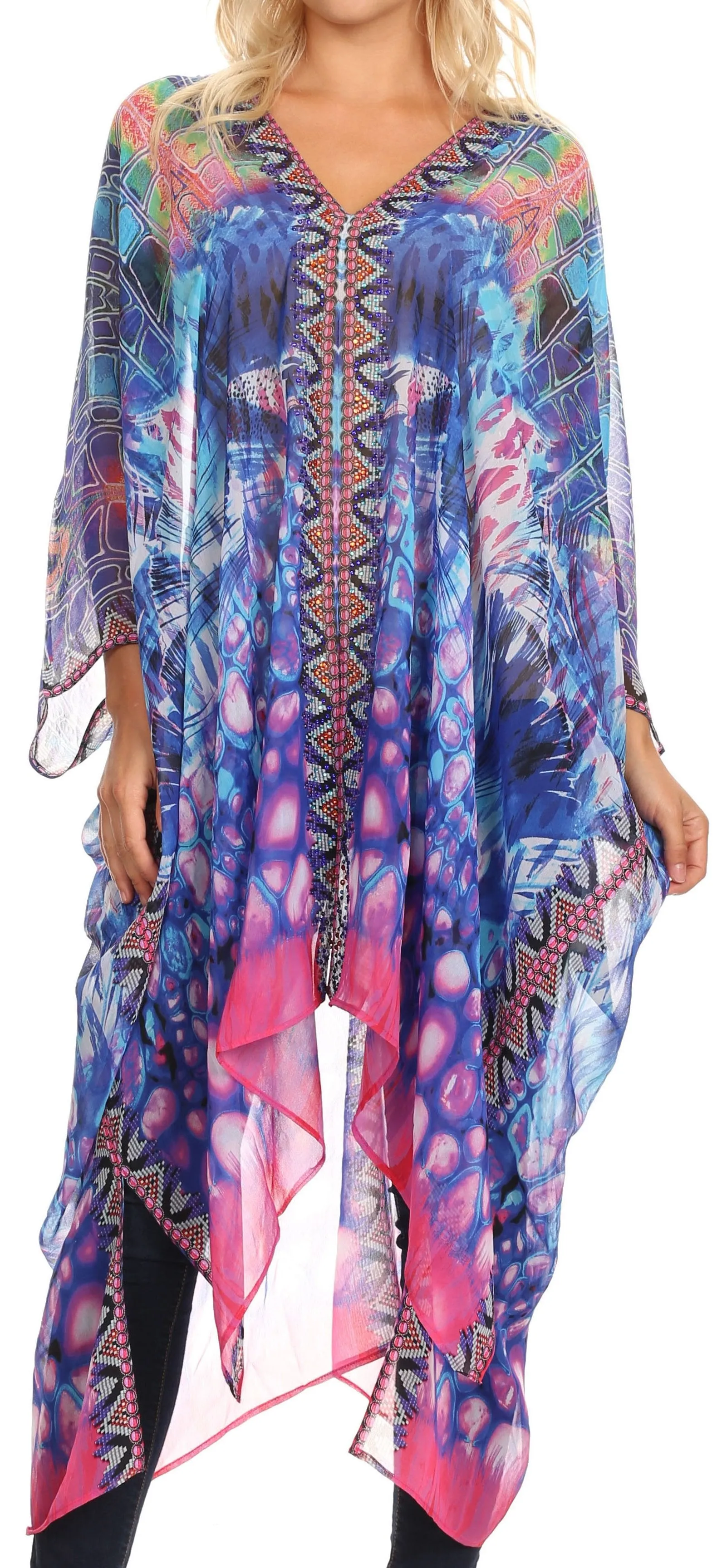 Sakkas Livi  Women's V Neck Beach Dress Cover up Caftan Top Loose with Rhinestone