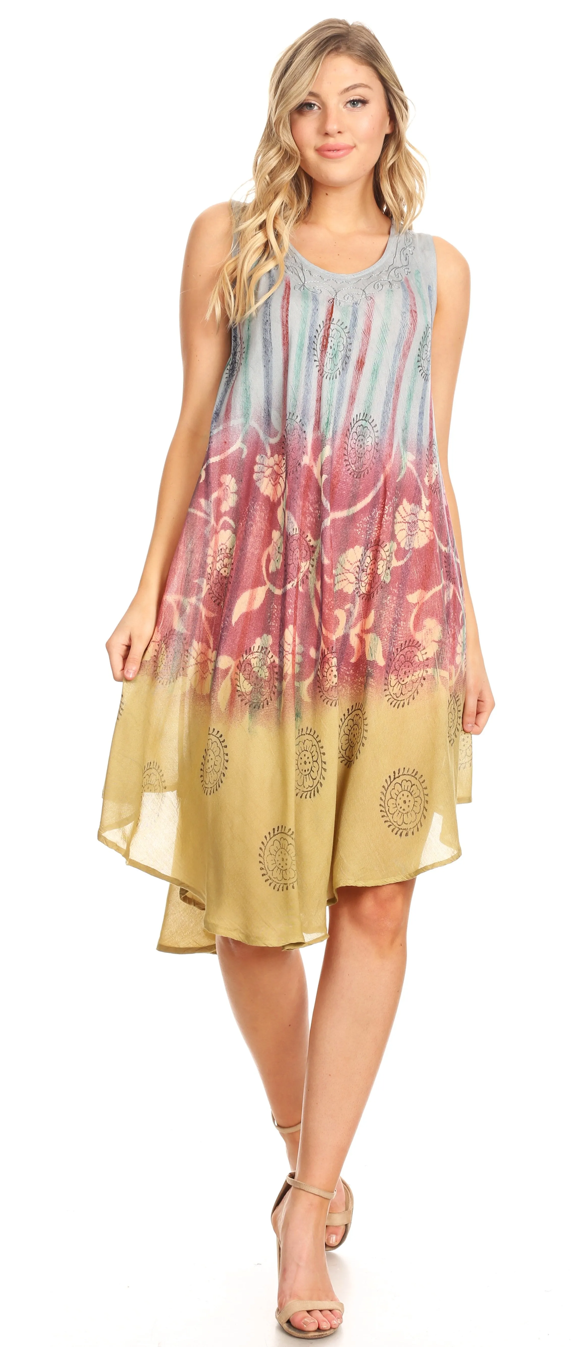 Sakkas Marina Dip Dyed Floral Batik Short Sleeve Dress / Cover Up