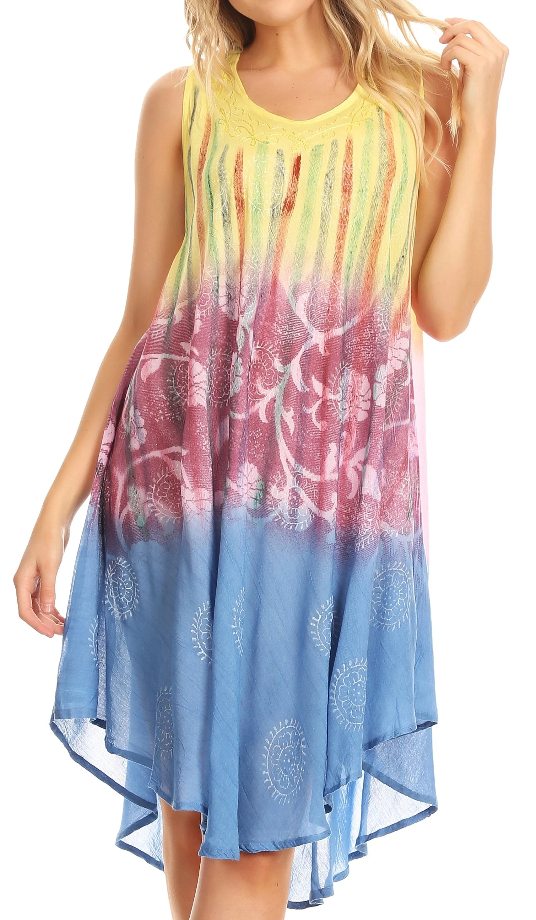 Sakkas Marina Dip Dyed Floral Batik Short Sleeve Dress / Cover Up