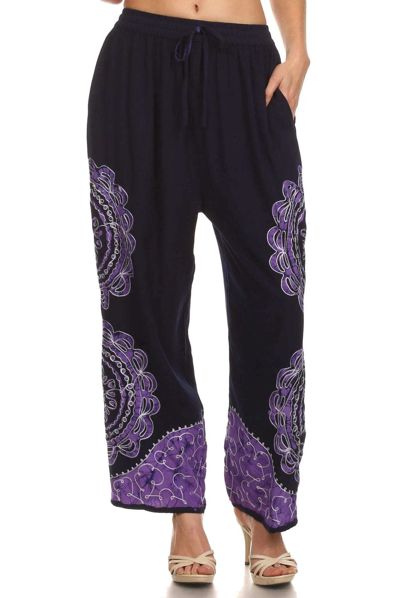 Sakkas Mase Floral Embroidered Adjustable Wide Leg Palazzo Pant