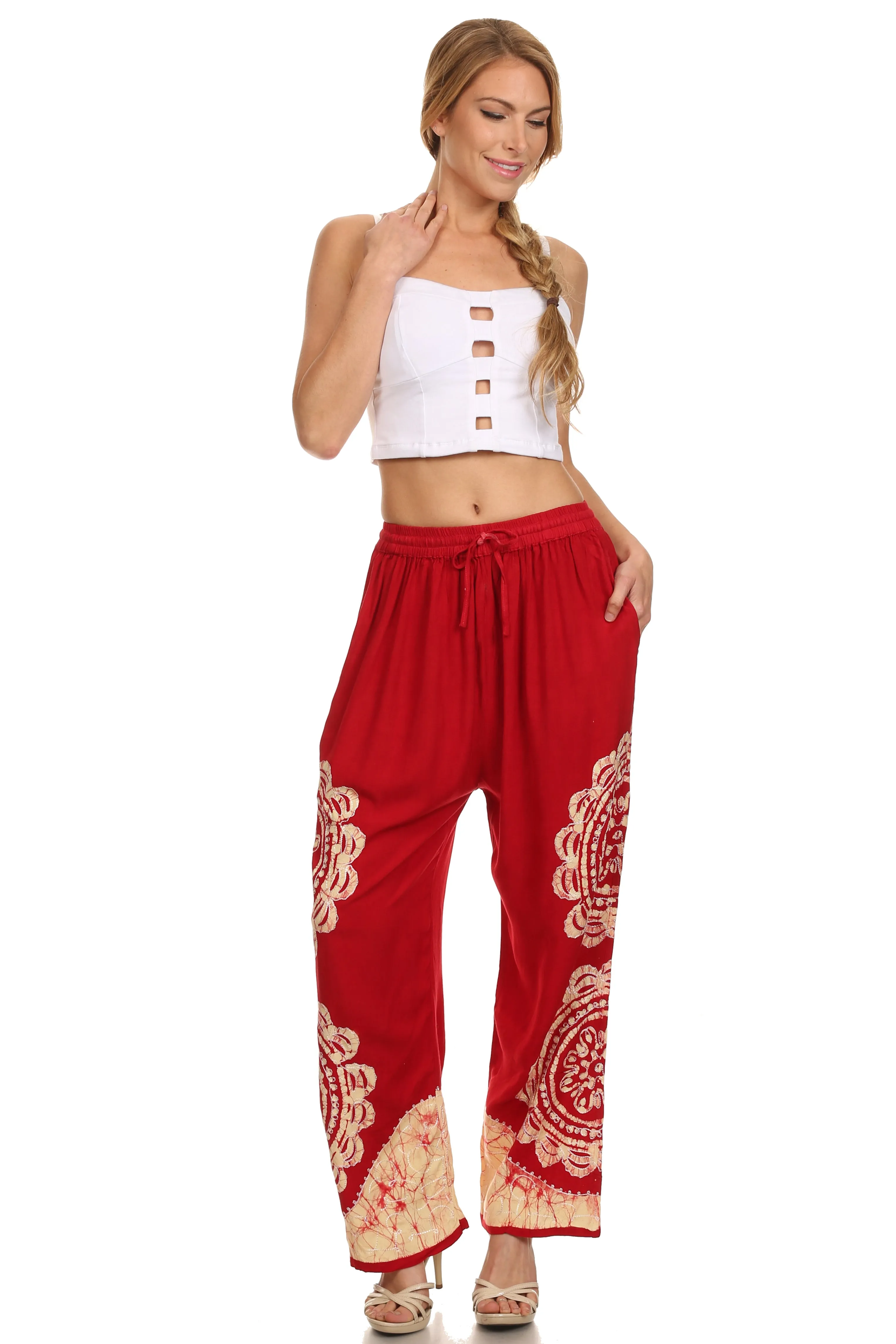 Sakkas Mase Floral Embroidered Adjustable Wide Leg Palazzo Pant