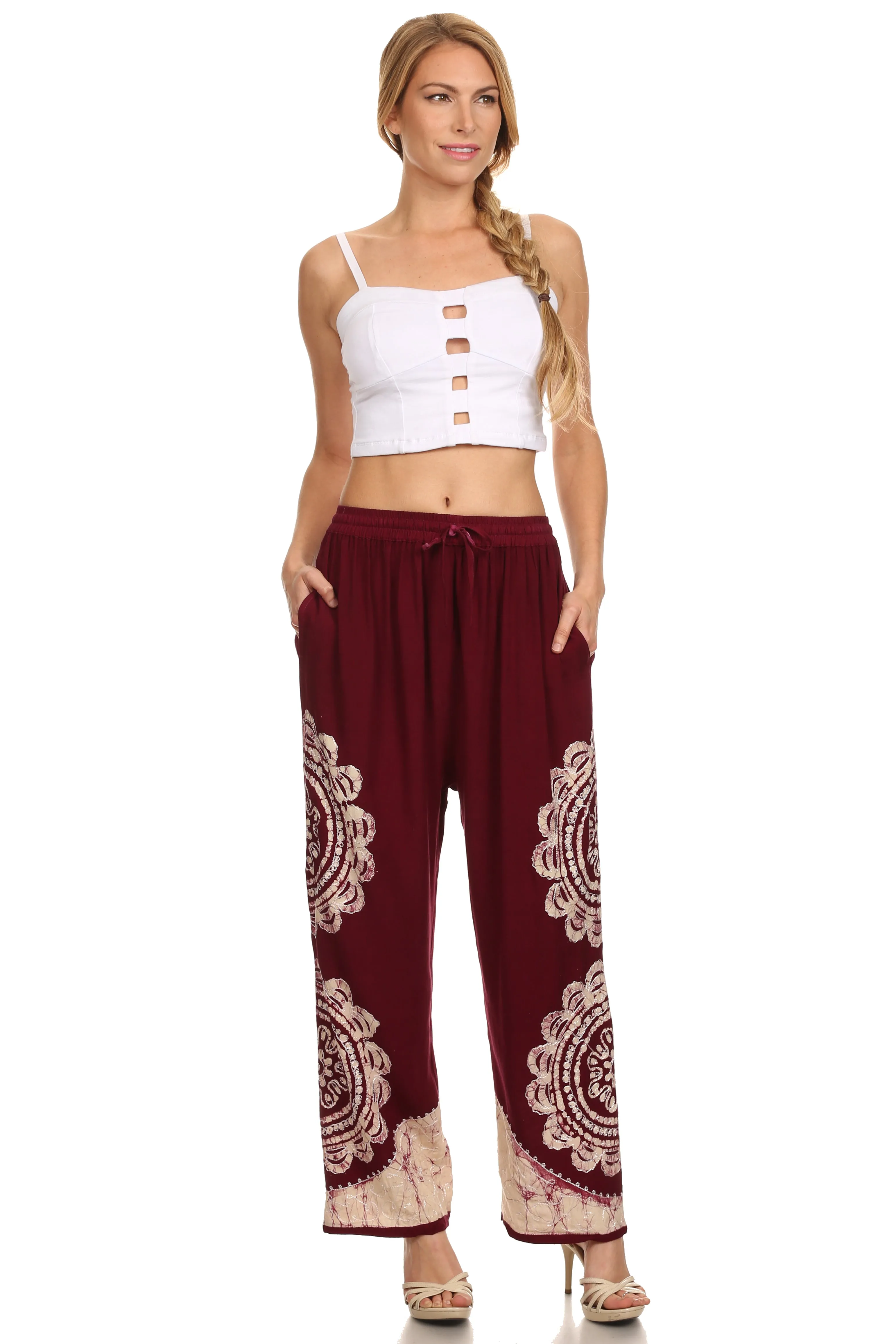 Sakkas Mase Floral Embroidered Adjustable Wide Leg Palazzo Pant