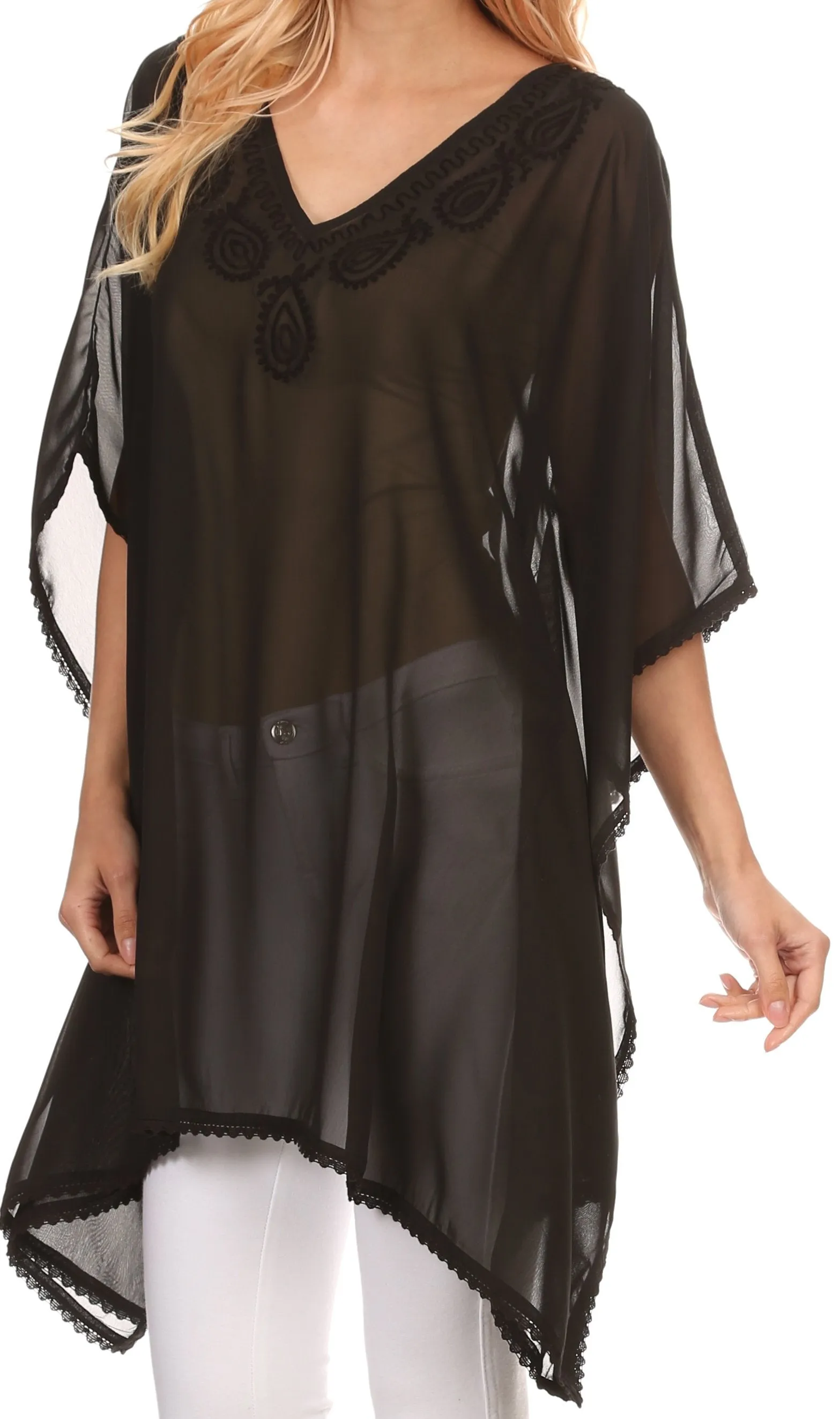 Sakkas Mikaee Sheer Wide Long Tall V-Neck Lace Embroidered Poncho Top Blouse