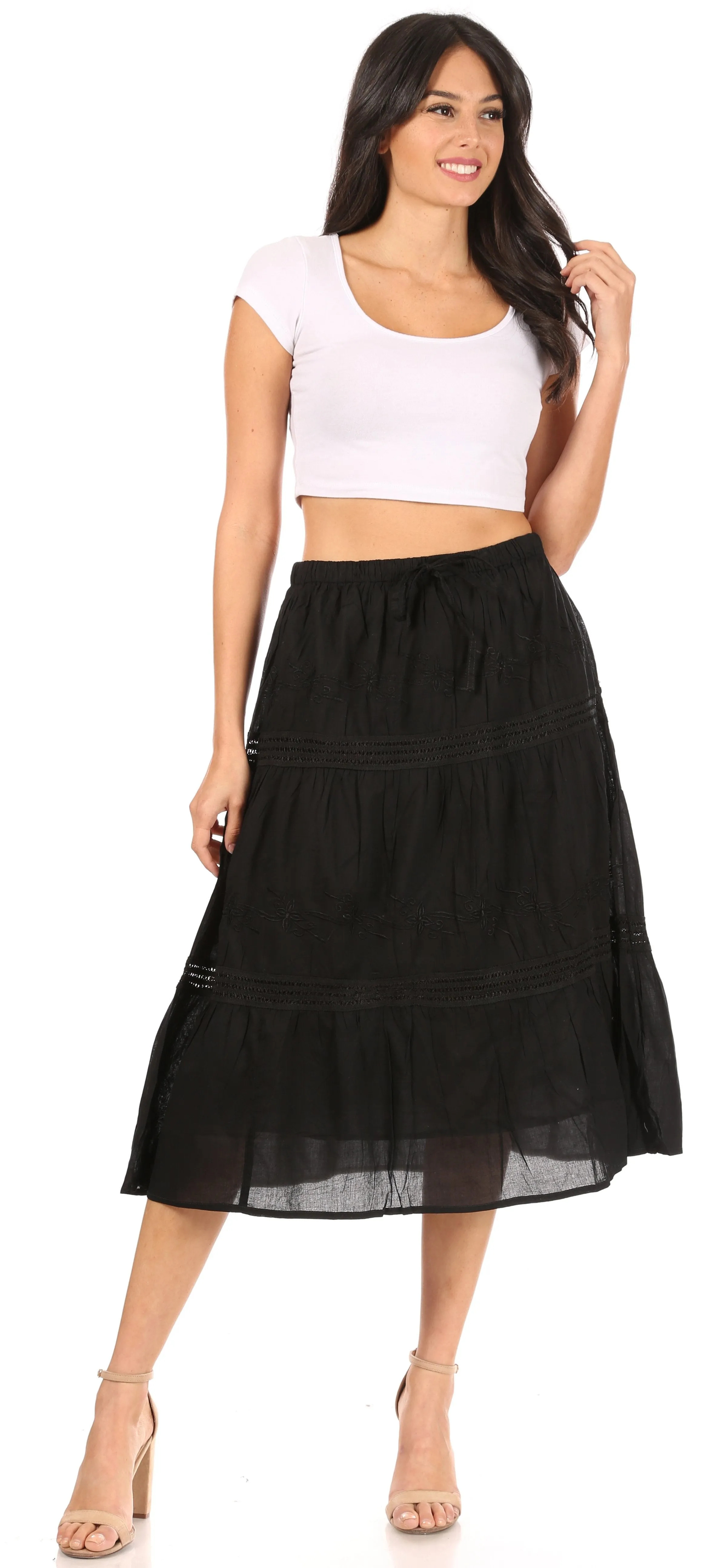 Sakkas Tahira Cascading Broomstick Midi Skirt with Crochet lace and Elastic Waist