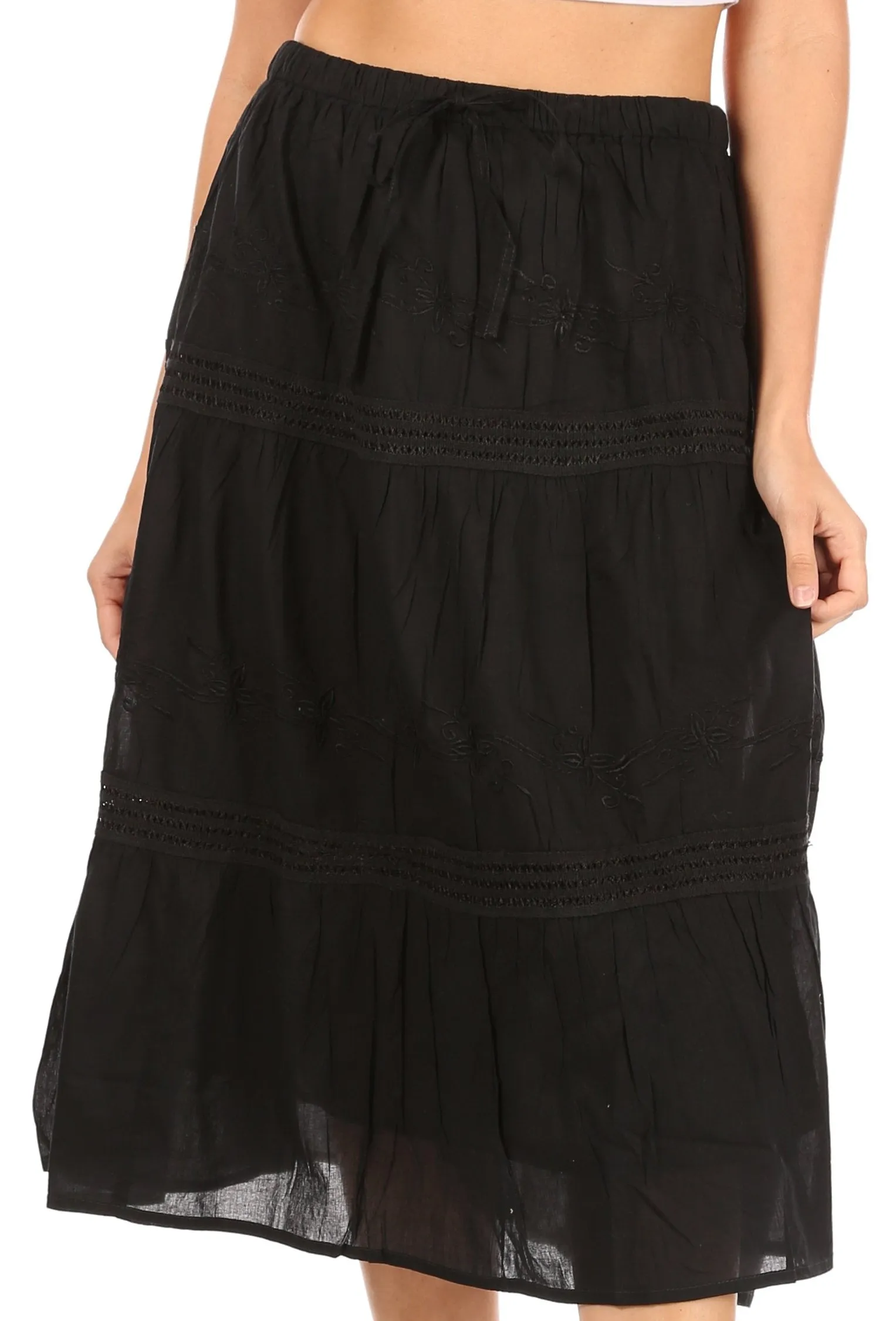 Sakkas Tahira Cascading Broomstick Midi Skirt with Crochet lace and Elastic Waist