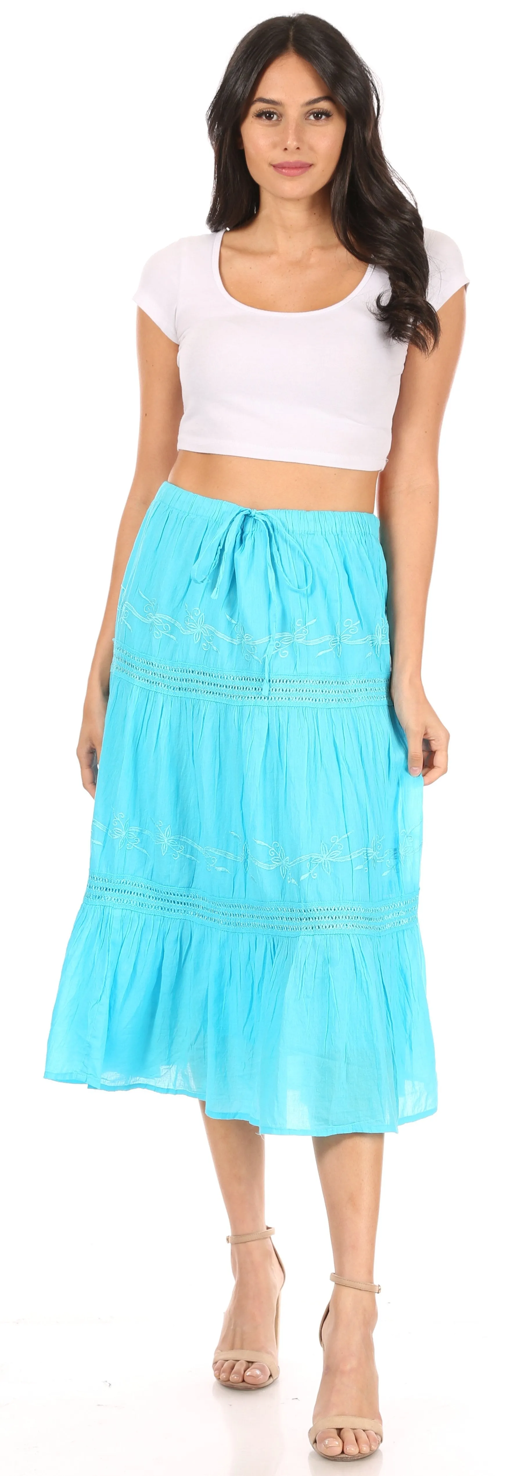 Sakkas Tahira Cascading Broomstick Midi Skirt with Crochet lace and Elastic Waist