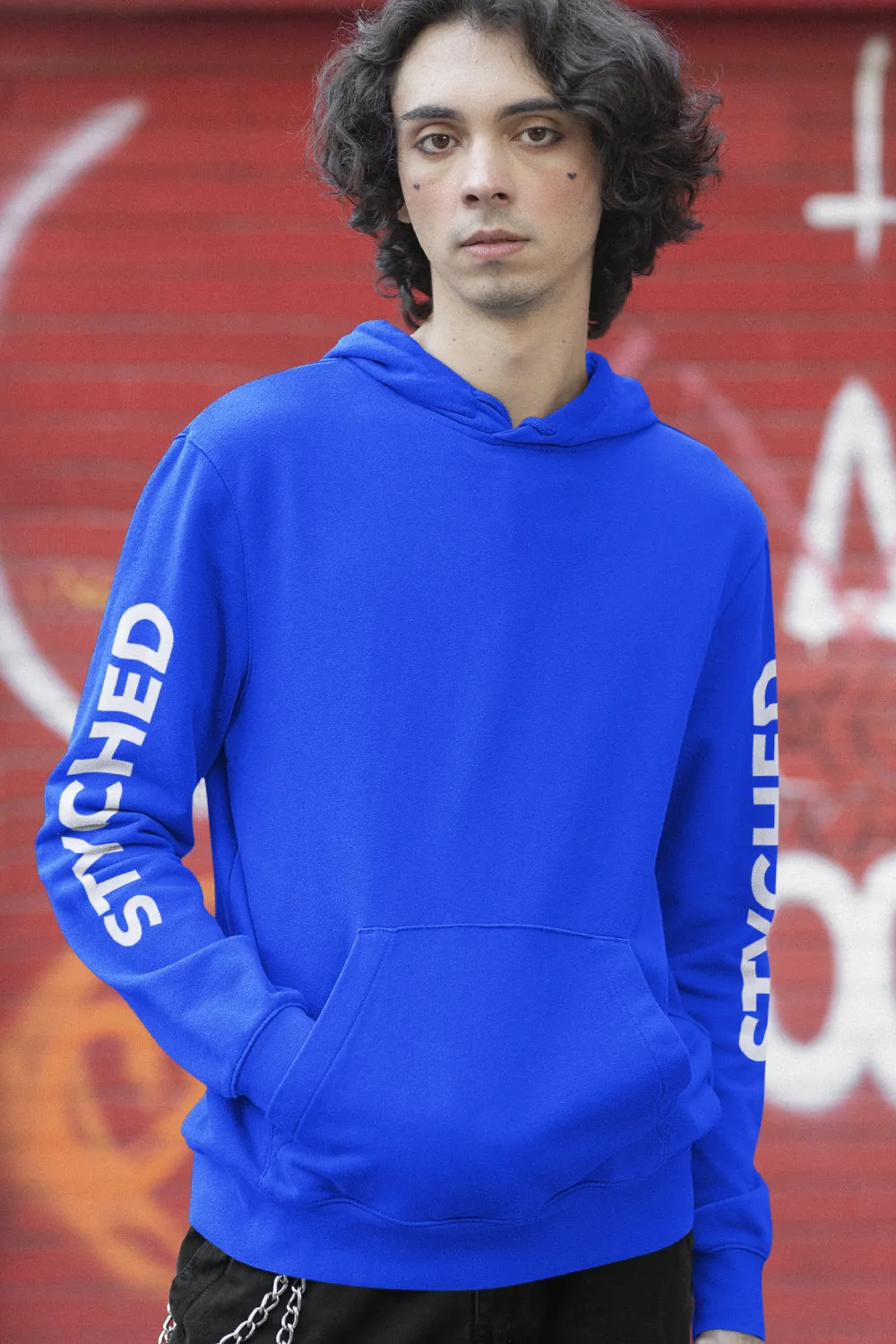 Styched Sleeve Print Premium Non Zipper Blue Hoodie