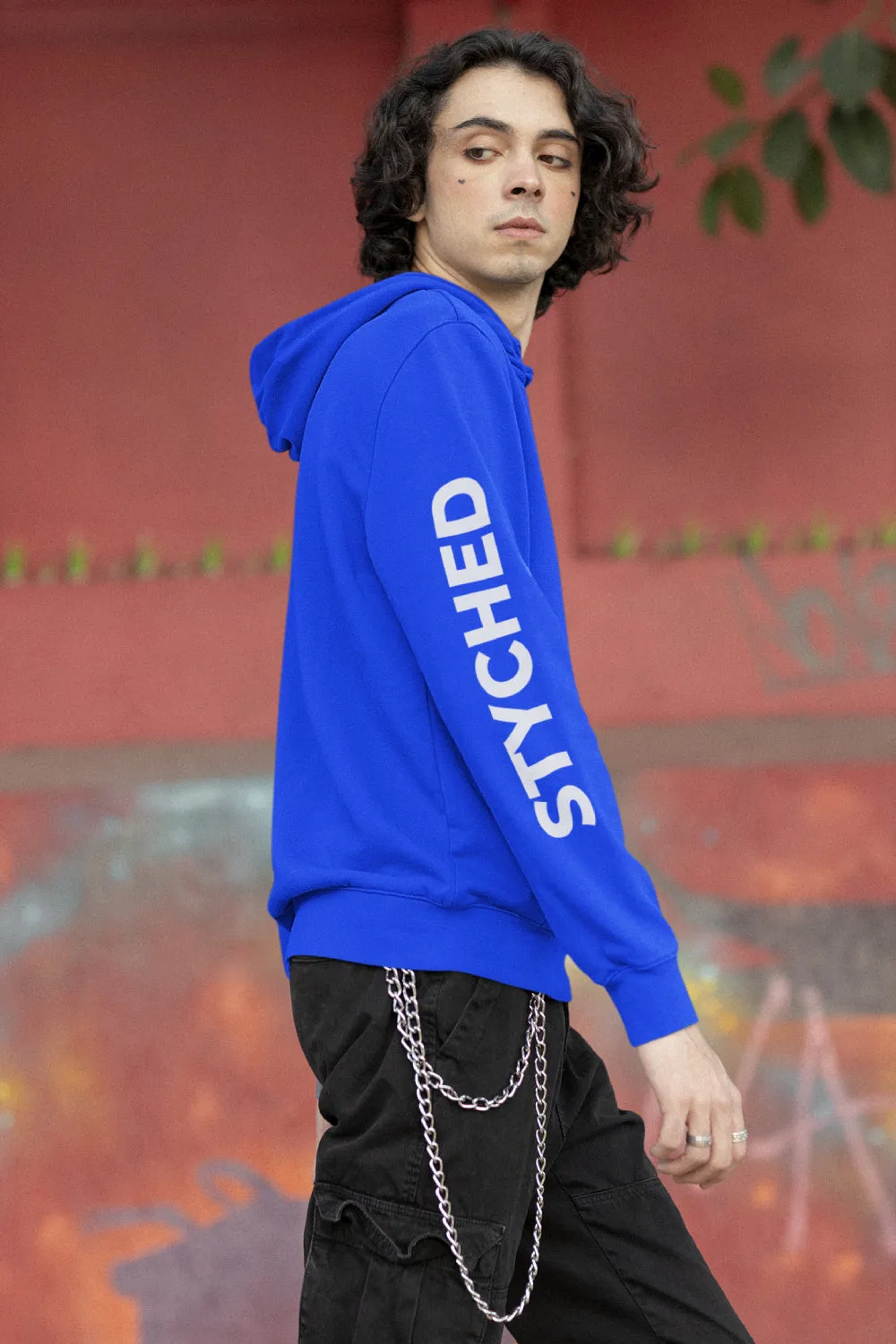 Styched Sleeve Print Premium Non Zipper Blue Hoodie