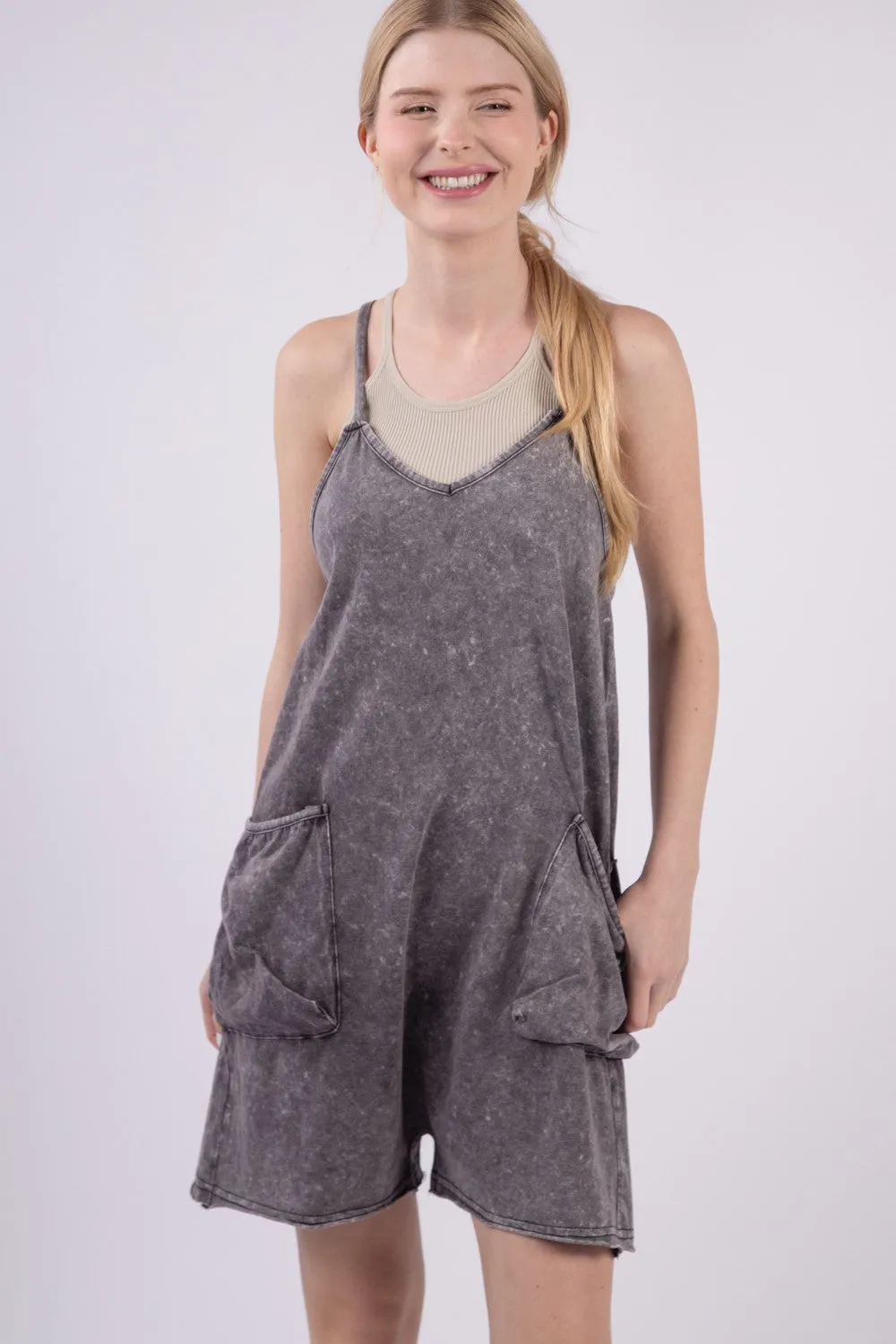 V-Neck Sleeveless Washed Romper